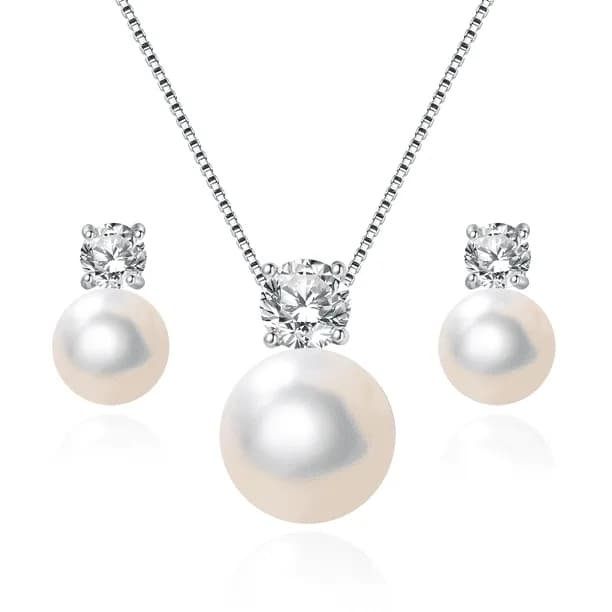 8-10mm White Cultured Pearl Earrings and Necklace Set for Women, 925 Sterling Silver Jewelry, Hypoallergenic Gift
