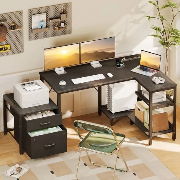 55" Office Desk with Power Outlets & CPU Holder, L-Shaped Corner Desk with File Cabinet, Storage Shelf & 2 Drawers for L
