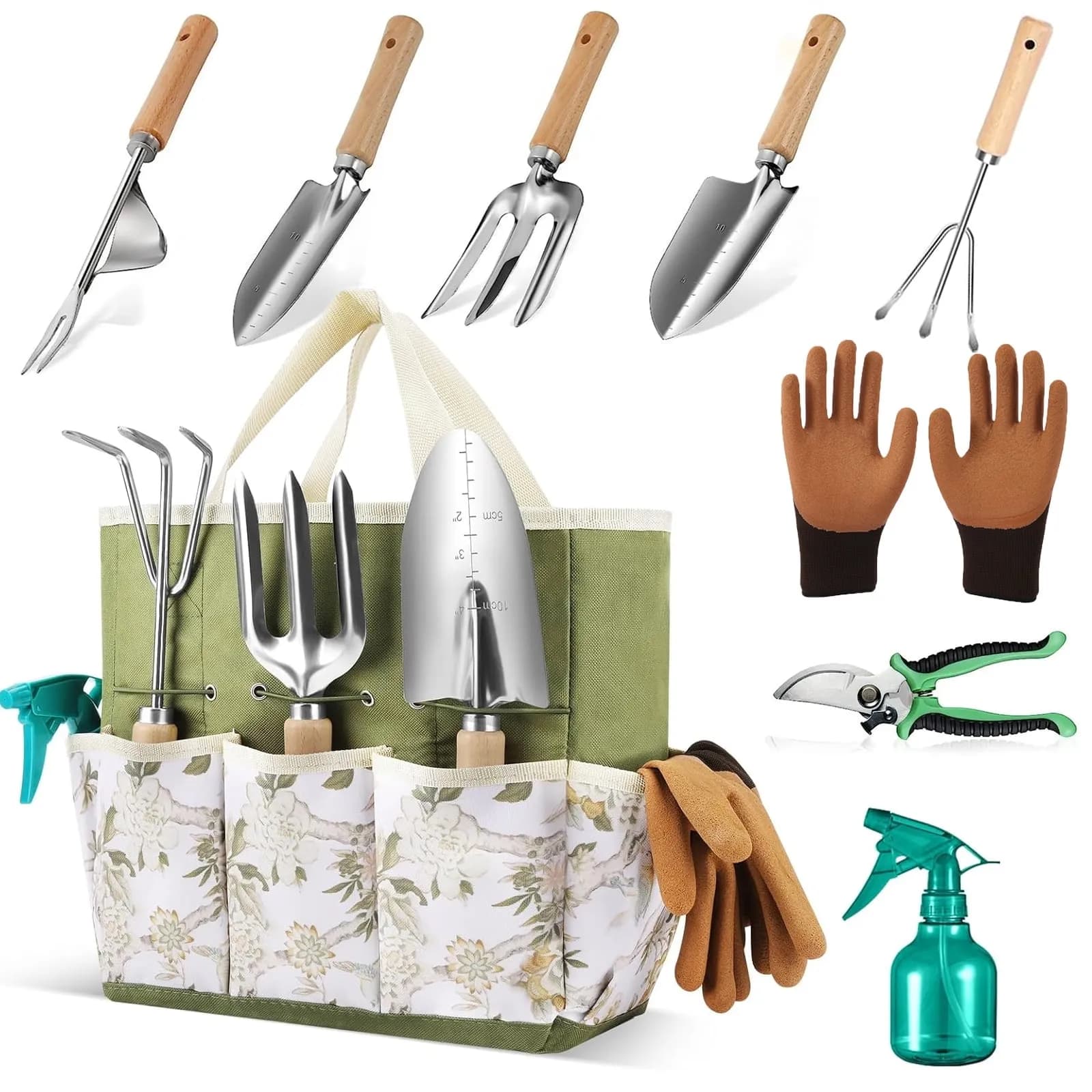 Kisportee Garden Tool Set, 9 Piece Heavy Duty Stainless Steel Gardening Tools with Fashion Storage Bag, Perfect Gardenin