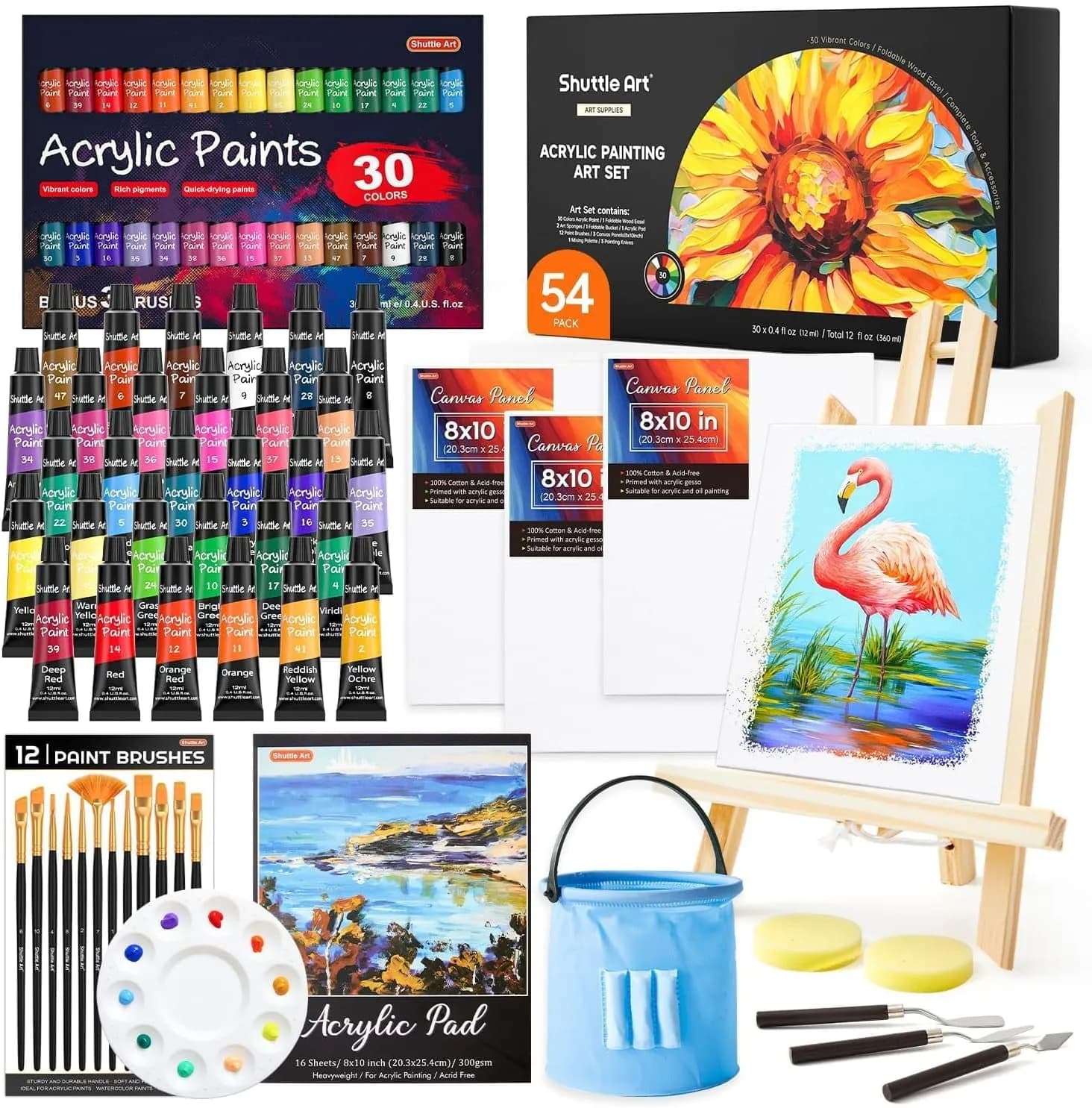 Shuttle Art 54 Pack Acrylic Paint Set, Acrylic Painting Set with 30 Colors Acrylic Paint, Wooden Easel, Painting Canvas