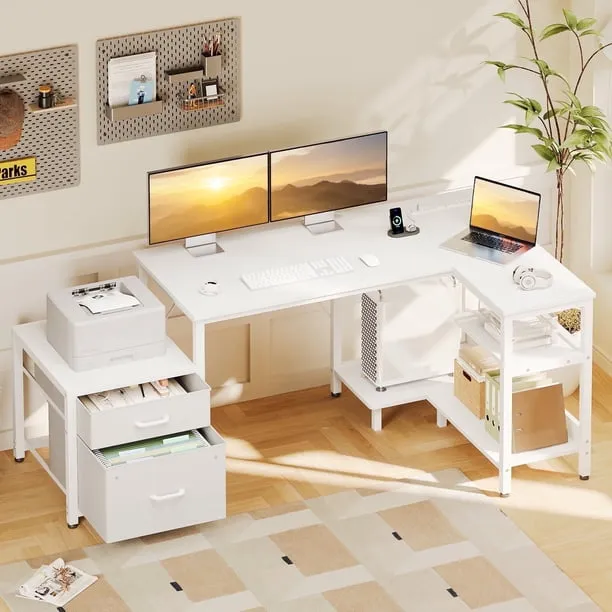 Casacomoda L Shaped Desk with Power Outlets, Large Computer Desk with File Drawer, Home Office Desk with Printer Stand