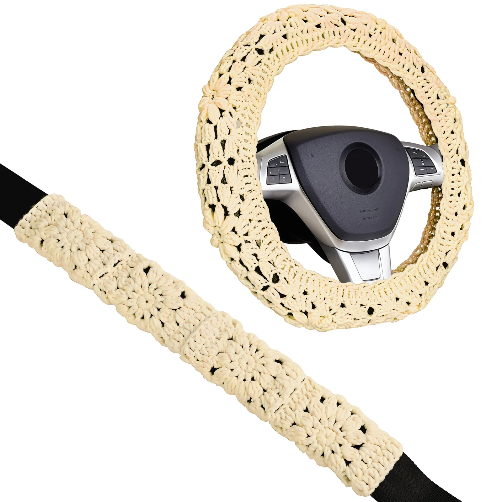 Crochet Steering Wheel Cover and Seat Belt Pads Set, Handmade Daisy Flower Pattern, Green and White Car Interior