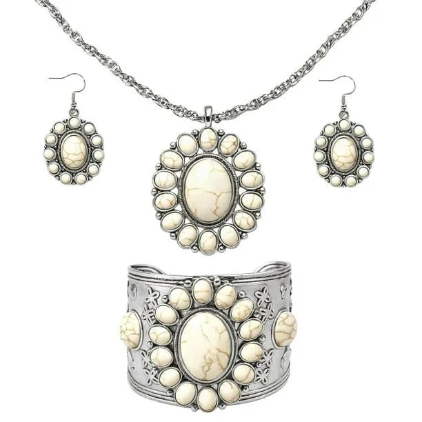 Howlite Jewelry Sets for Women - Turquoise Inspired Western Cowgirl Accessories - Statement Boho Necklace Earrings