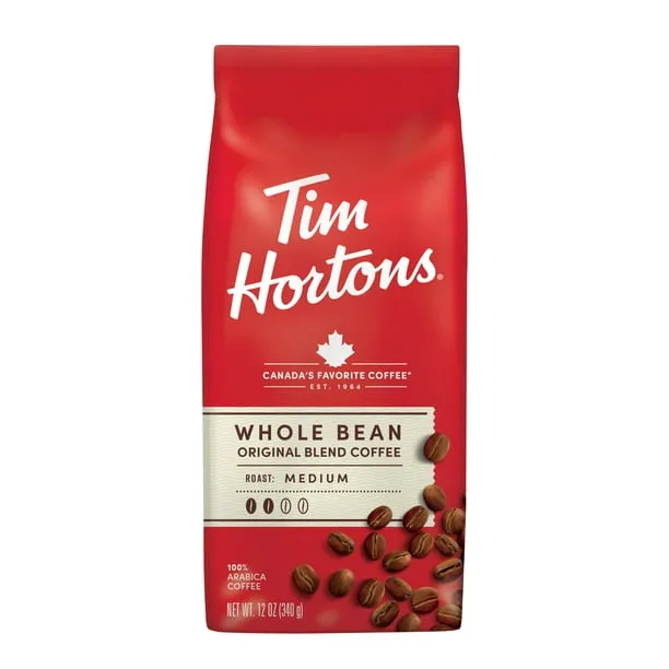 Tim Hortons Whole Bean Original Blend Ground Coffee, 100% Arabica Medium Roast, 12 oz