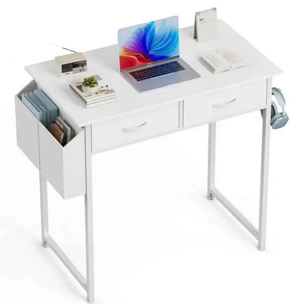 edx Small Desk with Fabric Drawers & Storage Bag Iron Hook, Home Office Computer Desk,White Vanity Desk with Storage