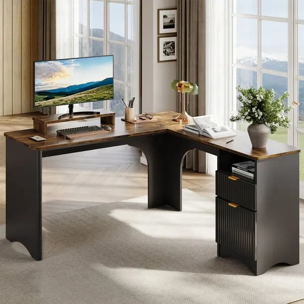 Bestier L Shaped Desk with Drawers, 55.7" x 55" Office Computer Desk with Round Corners, Monitor Stand & Fluted Panels