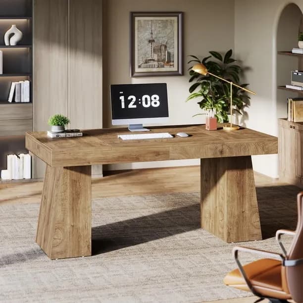 Finmind Large Wood Executive Desk, 55" Rectangle Office Desk with Double Pedestal, Modern Minimalist Computer Desk Works