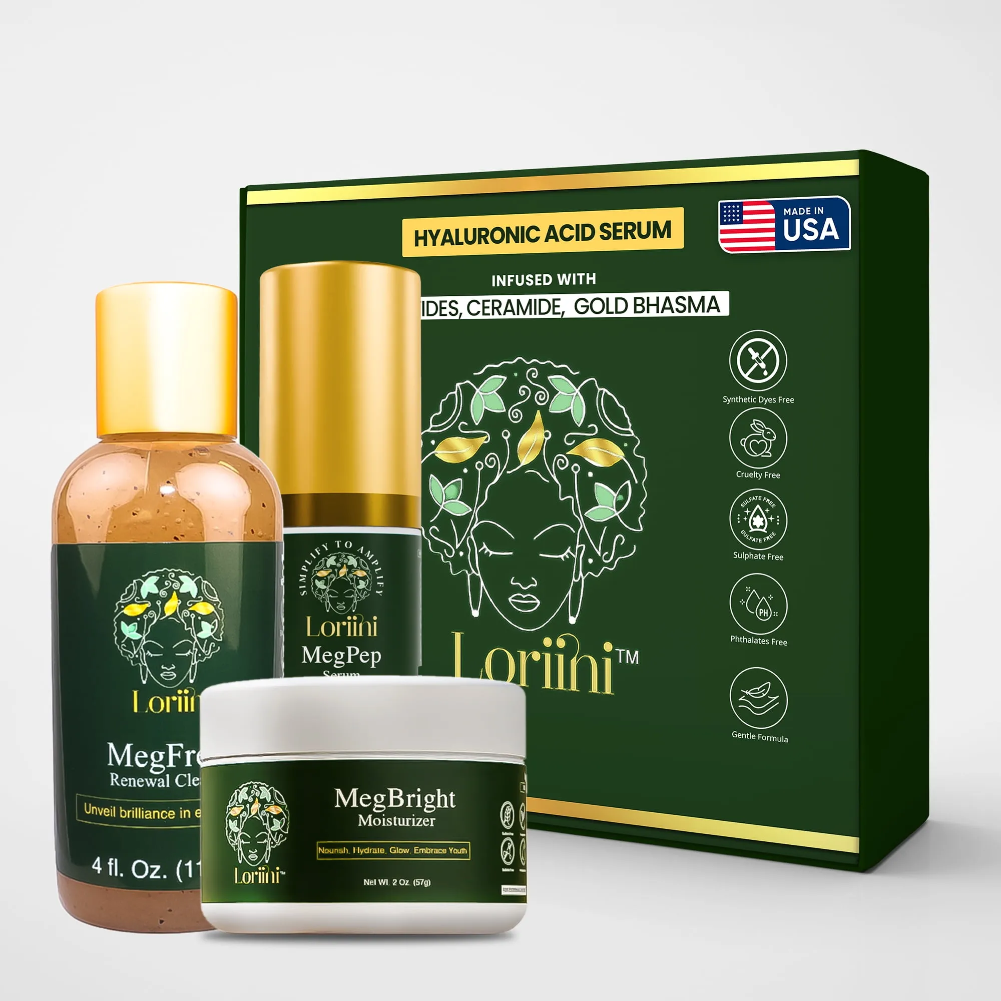 Loriini Meg Collection | Complete Skincare Set with MegFresh Cleanser, MegPep Serum, MegBright Moisturizer | Includes Fr