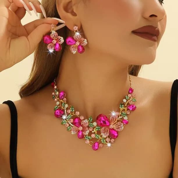 Green Flower Bib Statement Necklace and Earrings Cluster Crystal Chunky Jewelry Set Rhinestone Bridal Jewelry Set for Wo