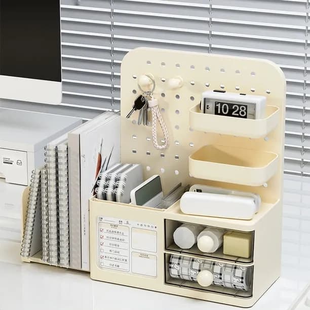 Desk Pegboard Organizer Box Set | Adjustable Plastic Storage Solution for Pens, Books, Stationery | Retractable Book