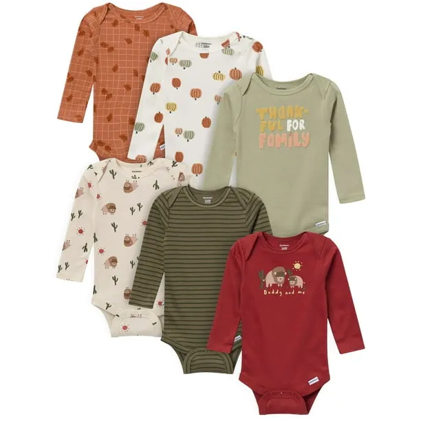 Gender Neutral Long Sleeve Onesies, 6-Pack, Sizes Newborn - 18 Months