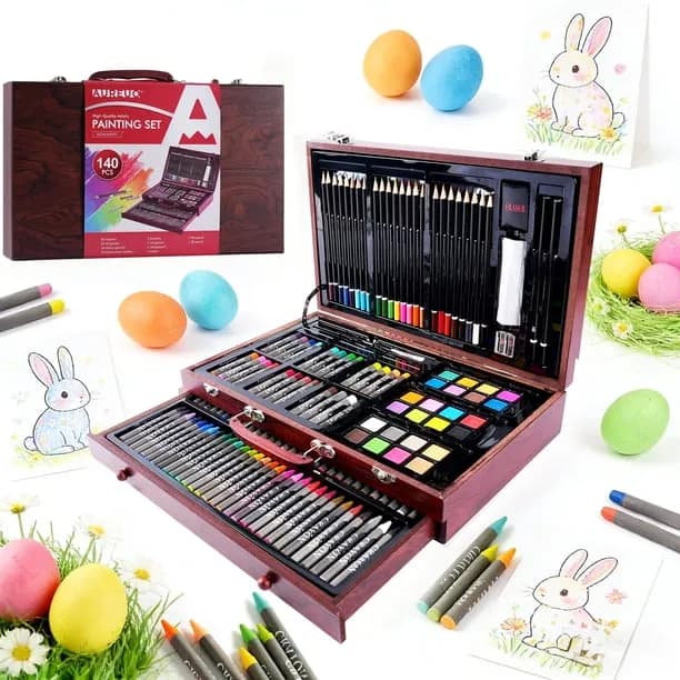 AUREUO 140-Piece Deluxe Art Set with Wooden Storage Case - Watercolor Paints, Oil Pastels, Colored Pencils, Crayons