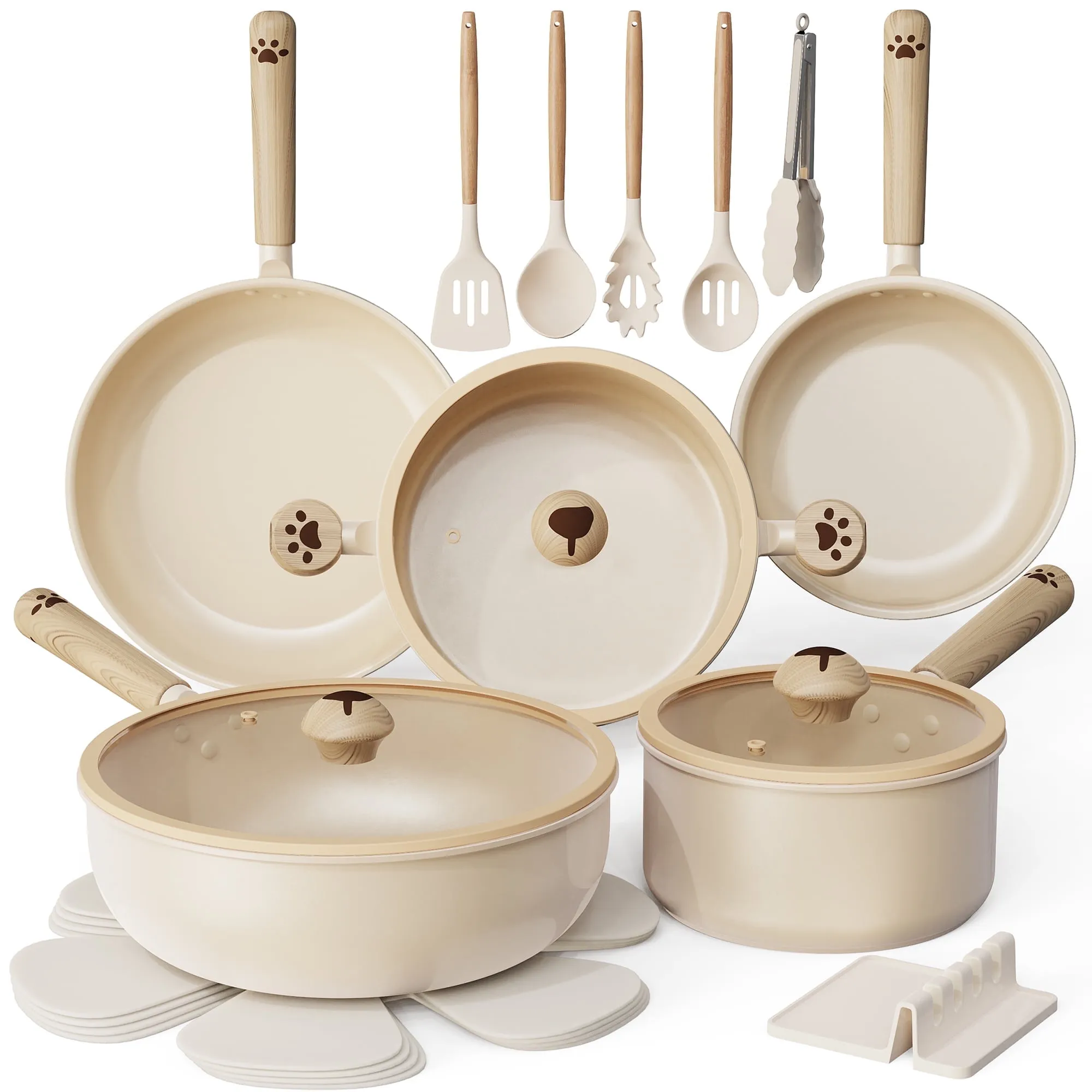 Astercook 17-Piece Ceramic Cookware Set with Dog Paw Wooden Handles, Nonstick Pots and Pans Set for Home & Camping