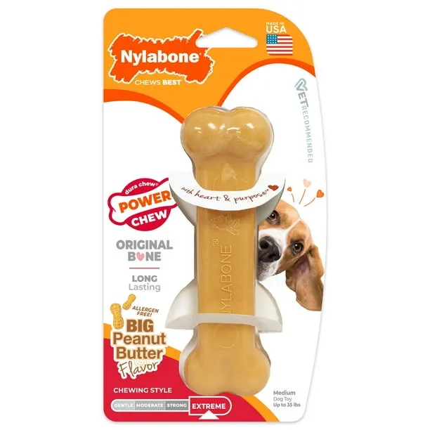 Nylabone Power Chew Original Bone Dog Toy, Dog Chew Toy, Peanut Butter Flavor, Medium, 1 Count