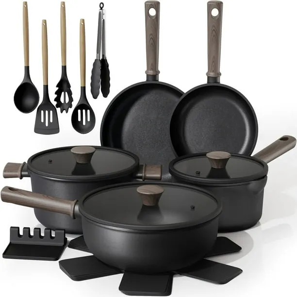 Astercook 18-Piece Pots and Pans Set, Black Titanium Induction Nonstick Cookware Set, Oven Safe to 480°F, Induction