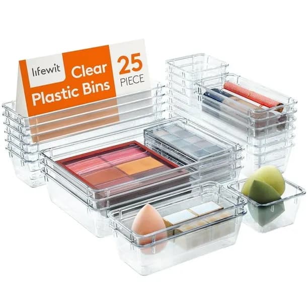 Lifewit 25 PCS Clear Plastic Drawer Organizer Set, 4-Size Desk Drawer Divider for Pencils, Makeup, Jewelry, Gadgets in O