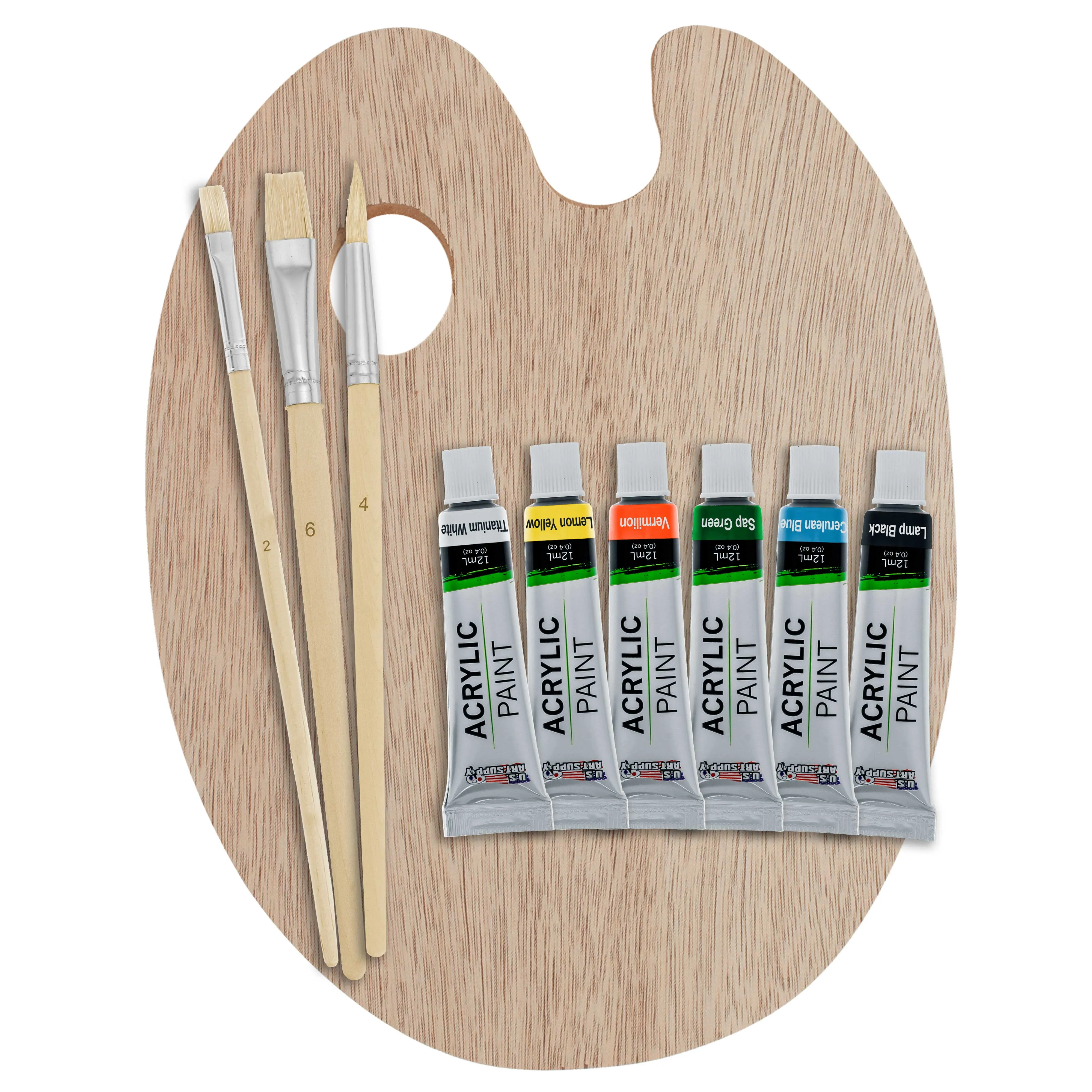 U.S. Art Supply Artist Painting Set with 6 Vivid Acrylic Paint Colors, Wood Painting Palette, 3 Brushes - Basic Artwork