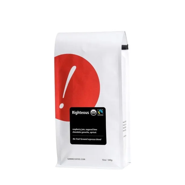 Righteous Espresso Blend - Certified Fairtrade, Organic - Roasted by Gimme! Coffee - Whole Bean Coffee - 2 Pound Bag