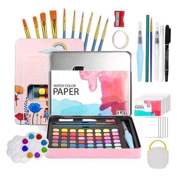 UU&T 48 Colors Watercolor Paint Set, 59 Pcs Painting with Palette Set, Painting Brushes, Water Color Paper, Art Supplies