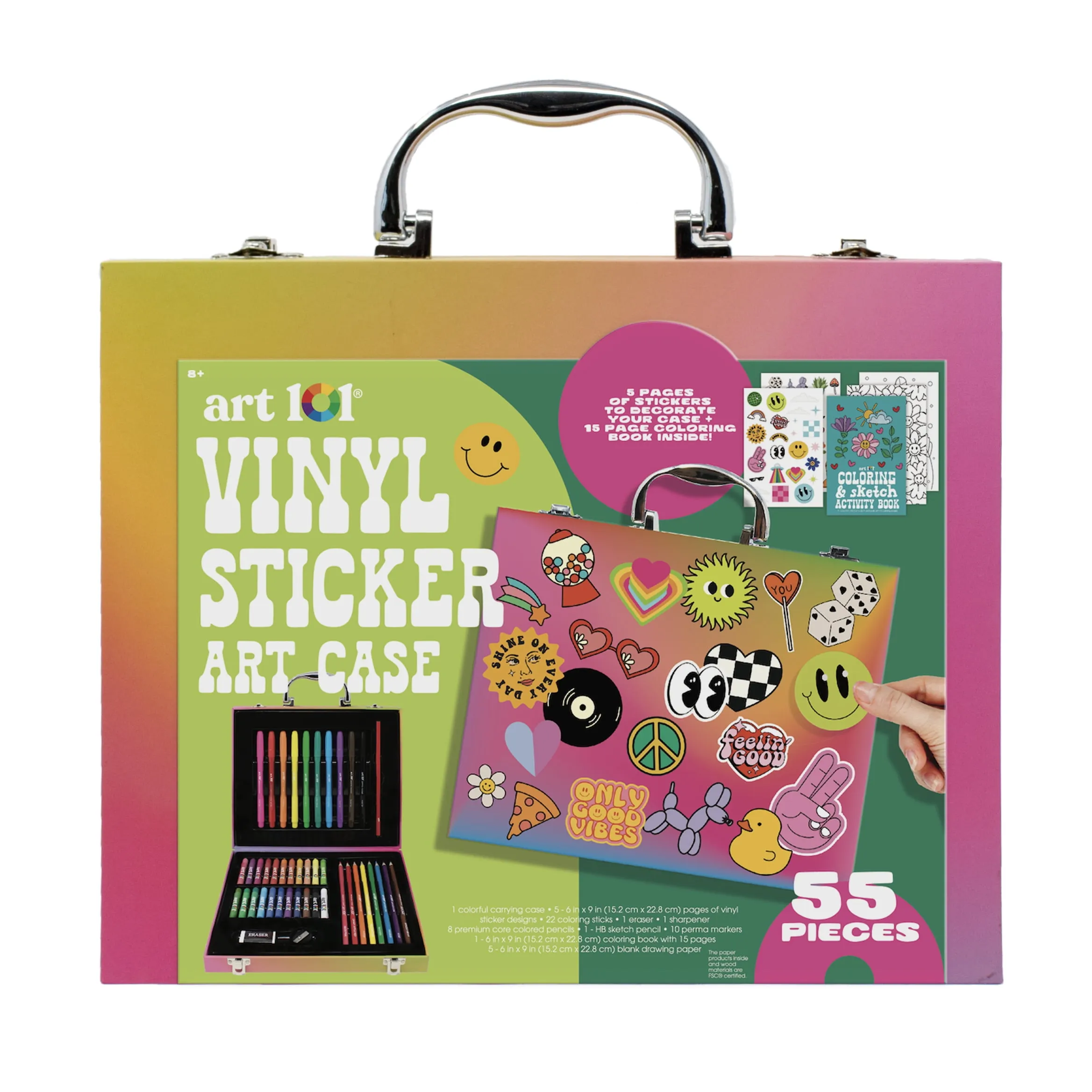 Art 101 Vinyl Sticker and Art Case with 55 Pieces, Coloring Set, for Child Ages 8